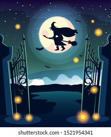 witch with broom design, Halloween holiday horror scary celebration autumn dark and party theme Vector illustration