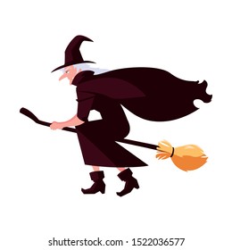 witch with broom design, Halloween holiday horror scary celebration autumn dark and party theme Vector illustration