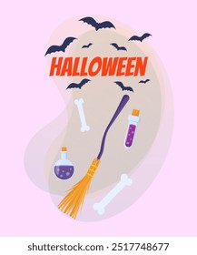 Witch broom, flasks with poison and bones. Halloween lettering with flying bats on abstract background. Celebration, party concept. Vector illustration for invitation, banner or poster