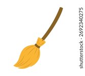 witch broom in flat style, funny halloween vector illustration isolated on white background, cartoon old broom