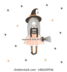 Witch with broom flat vector illustration. Young wizard in hat with broomstick isolated cartoon character on starry white background. Teenager sorceress in halloween costume design element