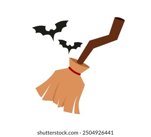 Witch broom with flying bats isolated on white background. Flat vector illustration.