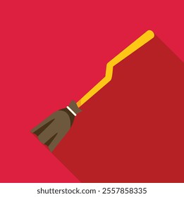 Witch broom flying on red background icon in flat style with long shadow