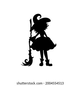 Witch with broom. Funny Hag in hat silhouette. Magic, fantasy. Flat design. Vector illustration. Halloween night symbol. Fairytale logo isolated on white.