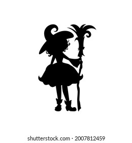 Witch with broom. Funny Hag in hat silhouette. Magic, fantasy. Flat design. Vector illustration. Halloween night symbol. Fairytale logo isolated on white.