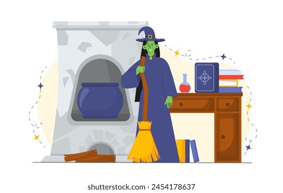 Witch with broom. Green woman with mop near cauldron with potion and poison. Fantasy and imagination. Magic and witchcraft, sorcery. Cartoon flat vector illustration isolated on white background