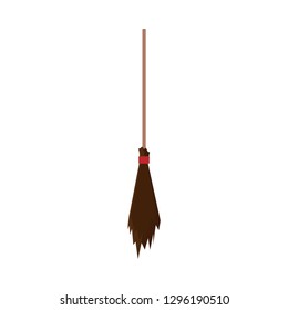 Witch broom Halloween cartoon isolated white old vector icon. Broomstick wooden vintage night scary fantasy