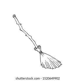 Witch broom for Halloween. Holiday. Vector illustration isolated on white background. Hand drawn sketch. Icons for design. Coloring.