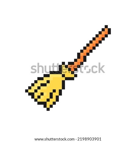 Witch broom Halloween icon in pixel art design isolated on white background, broomstick vector sign symbol.