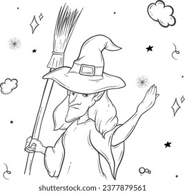 witch with broom halloween outline decoration