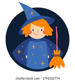 Witch with a broom. Halloween. Vector illustration, avatar 