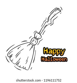 witch broom with happy halloween text using doodle style