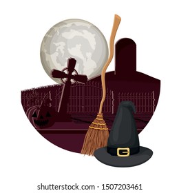 witch broom and hat in cemetery scene