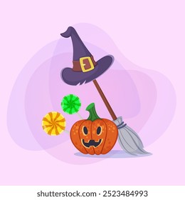 Witch broom and hat, lollipops and pumpkin lantern on abstract background. Halloween banner design. Celebration, holiday, party concept. Vector illustration for invitation or poster