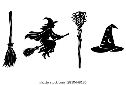 Witch Broom Hat Magic Wand Silhouette Vector Set