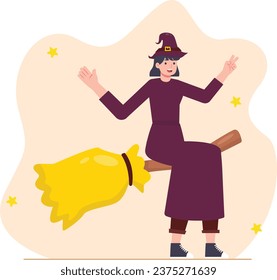 Witch with broom and hat. Vector illustration in flat style.