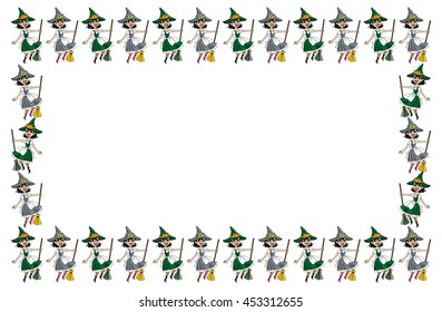 A witch with a broom. Horizontal decorative frame.Vector clip art.
