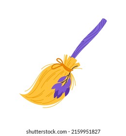 Witch broom icon. Cartoon illustration of a broom decorated with herbs isolated on a white background. Halloween decorative element. Vector 10 EPS.