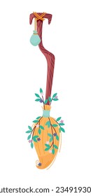 Witch broom icon. Cartoon illustration of a broomstick decorated with flowers and branches isolated on a white background. Vector 10 EPS.