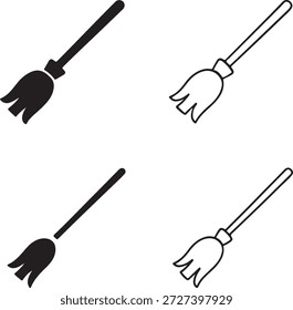 Hexenbesen-Symbol-Set, Hexenbesen-Zaubersymbol, Halloween-Fantasy-Design, fliegende Besen-Illustration, gespenstische Feier-Branding, einzelne minimale Vektorgrafik