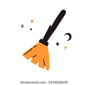 Witch broom isolated on white background. Halloween magic wood brush. Wizard retro broom equipment. Vector flat hand drawn illustration