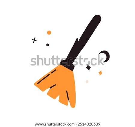 Witch broom isolated on white background. Halloween magic wood brush. Wizard retro broom equipment. Vector flat hand drawn illustration