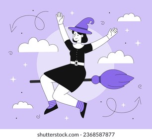 Witch at broom line concept. Woman in hat flying at broomstick in sky. Sorcery and sorcery, imagination and fantasy. Scary and terrible character for Halloween. Linear flat vector illustration