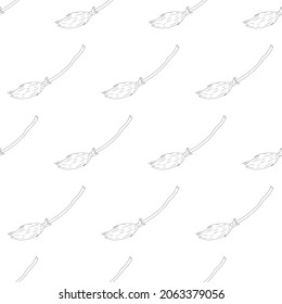 Witch broom line seamless pattern. Wooden broomstick isolated icon. Devices for cleaning the territory from dust, leaves and debris. Vector illustration in cartoon style.