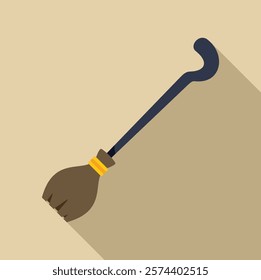 Witch broom lying diagonally on beige background casting long shadow, flat design illustration