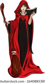 Witch With Broom And Magic Book Vector