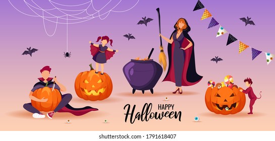 Witch with broom, man in cloak, imp. bats, scary pumpkins, cauldron. Halloween with family card. Vector illustration for poster, banner, cover, postcard, card.