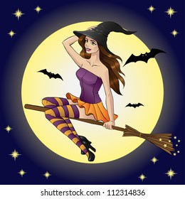Witch with  broom on background of the moon