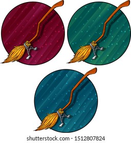 Witch Broom on background vector illustration set. Isolated on white. For web, clothes and graphic design, prints, posters, cover, package, stickers, cards and party invitations. Halloween design