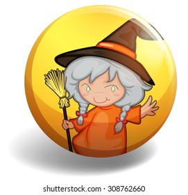 Witch with a broom on yellow badge illustration