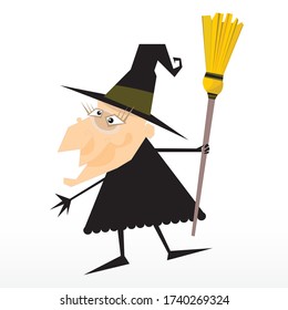 A witch with a broom and one tooth.