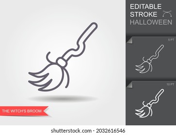 Witch broom. Outline icon with editable stroke. Linear Halloween Symbol with shadow