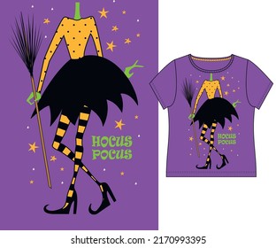 Witch with a broom. Print on t-shirt. Halloween vector illustration.