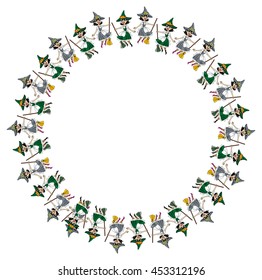 A witch with a broom. Round decorative frame. Vector clip art.