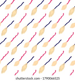 Witch broom seamless pattern. Flying broom. Pattern for Halloween design. Vector illustration in the Doodle style.