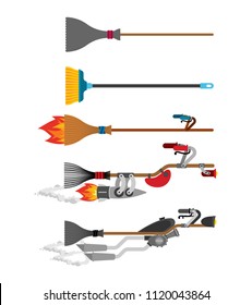 Witch broom set Technology evolution. Broomstick Speeding turbo. Halloween Vector illustration.
