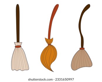 Witch broom set. Vector flat clipart isolated on white background. Witch attribute. Halloween decorative element. Cartoon style.