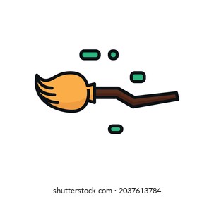 Witch broom simple icon for traditional christmas holiday and halloween card.