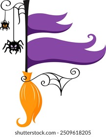 Witch broom with spiders and decorative ribbons. Halloween decoration element.