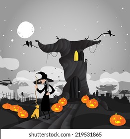 witch with broom standing in front of her house at night.