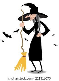Witch with broom standing in front of a white background