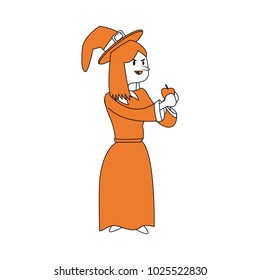 Witch with broom stick and apple