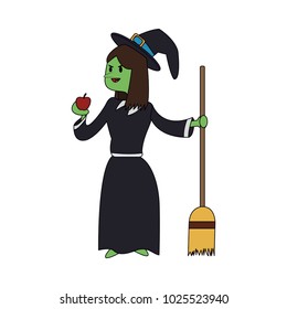 Witch with broom stick and apple