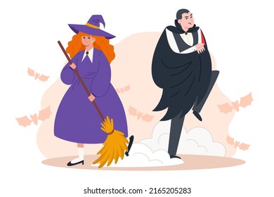 Witch with a broom sweeping the floor and a vampire