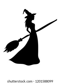 A witch with a broom. Vector black silhouette of a beautiful witch.