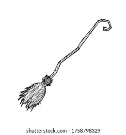 Witch broom. Vector cartoon illustration. Isolated object on white. Hand-drawn style.